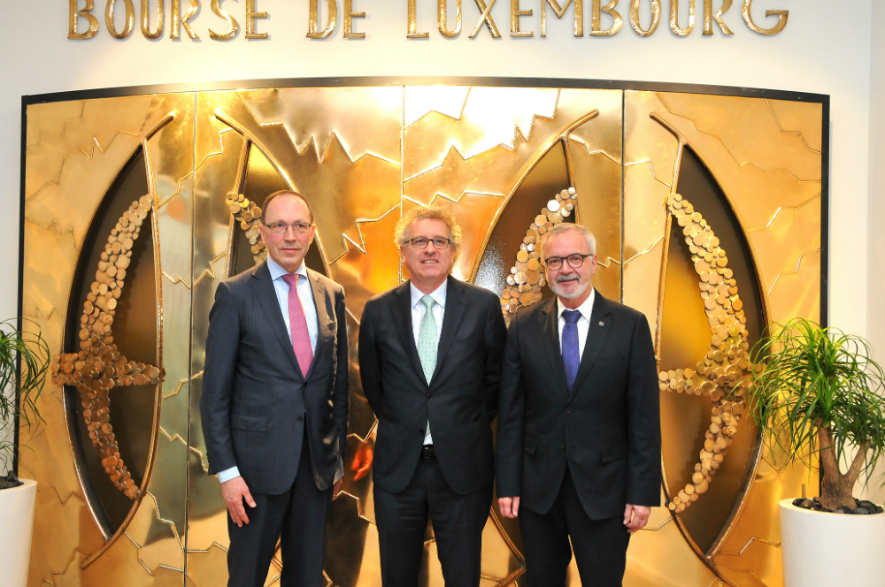 Luxembourg Stock Exchange CEO Sharfe, Finance Minister Gramegna, and EIB President Hoyer