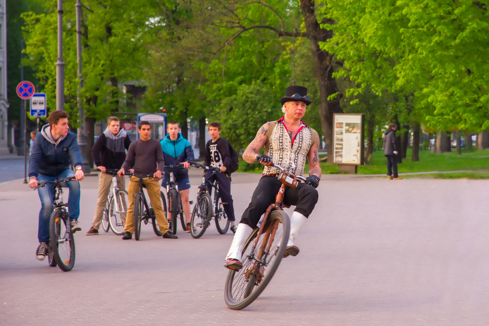 People, some on creative bikes, gathered in Vilnius in March for a large annual folk arts and crafts fair