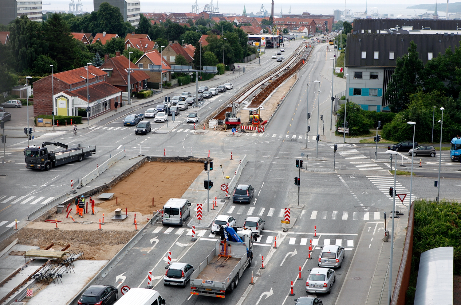 Gleisbauarbeiten an einer der zentralen Kreuzungen in Aarhus, auf dem Randersvej
