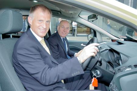 EIB Vice-president Simon Brooks driving a prototype Ford Focus with Ford Britain Chairman Joe Greenwell
