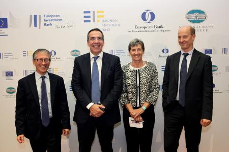 From left to right: Mr. Nicholas Jennett, (EIB)Deputy Director General & Head of Investment Team for Greece, Mr. Leonidas Fragkiadakis, CEO of NBG, Ms. Sabina Dziurman (EBRD) Director for Greece & Cyprus, and Mr. Alessandro Tappi (EIF) Director /Head of Guarantees, Securitization & Microfinance.