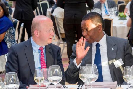 Dinner of the ACP ambassadors at the EIBfrom left to right: Mr Michael Theurer, Chair of the European Parliament Committee on Budgetary Control and H.E. Mr Samuel Outlule, Chairman of the ACP Committee of Ambassadors