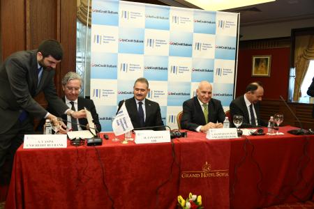 Mr. Andrea Casini, UniCredit Bulbank, Chief Operative Officer, Deputy Chairman of the Management Board, Mr Mihai Tanasescu, Vice President of the EIB, Mr. Levon Hampartzoumian, UniCredit Bulbank, Chief Executive Officer, Chairman of the Management Board and Mr Luca Lazzaroli, EIB Director