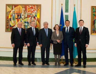 from left to right 1. H.E: Almaz Khamzayev, Ambassador Extraordinary and Plenipotentiary of Kazakhstan to Belgium, to Luxemburg, Head of Kazakhstan's Delegation to the EU, and to NATO 2. Mr Wilhelm Molterer. EIB Vice-President3. Mr Erlan Idrissov, Minister of Foreign Affairs of the Republic of Kazakhstan4. H.E: Aurélia Bouchez, Ambassador, Head of the EU Delegation to Kazakhstan5. Mr Askar Dostiyarov, Acting Chairman of the board of Development Bank of Kazakhstan 6.Mr Eldar Tenizbayev, Deputy Chairman of the Board of Sberbank 