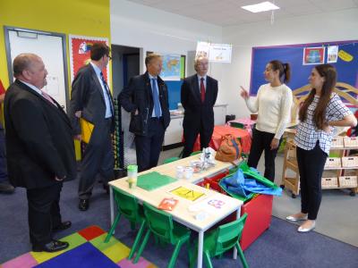 Councillor Simon Hall, Cabinet Member for Finance and Treasury, and Jonathan Taylor, European Investment Bank Vice President meeting staff at Harris Academy Haling Park primary school.