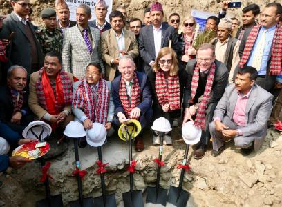 EIB Vice President A. McDowell, alongside Energy Minister B. Pun, Ambassadors from the European Union and German, at the ground breaking ceremony for the Chilime Trishuli transmission link