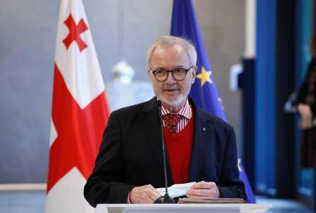 Flag of European Union EIB President Werner Hoyer opens the new of the Delegation of the European Union to Georgia office - which will also host EIB Regional Office - alongside President of the European Council Charles Michel in Tbilisi. 