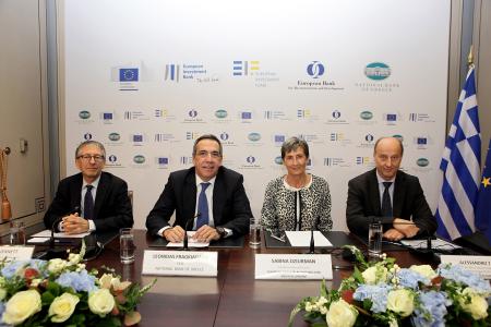 From left to right: Mr. Nicholas Jennett, (EIB)Deputy Director General & Head of Investment Team for Greece, Mr. Leonidas Fragkiadakis, CEO of NBG, Ms. Sabina Dziurman (EBRD) Director for Greece & Cyprus, and Mr. Alessandro Tappi (EIF) Director /Head of Guarantees, Securitization & Microfinance.