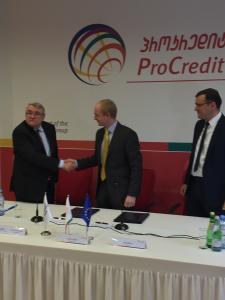 EIB Vice-President László Baranyay, Mr. Asmus Rotne, Director General of ProCredit Bank and Mr. Alex Matua, Director, ProCredit