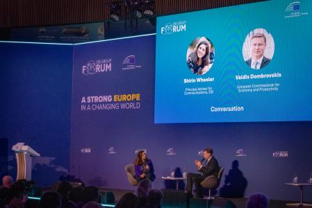 Shirin Wheeler, Principal Advisor for Communications, European Investment Bank and Valdis Dombrovskis, European Commissioner for Economy and Productivity, European Commission