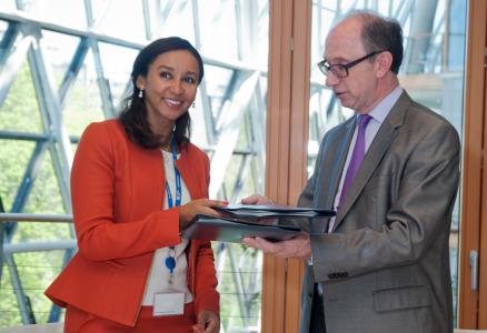 Ms Naiole Santos, President of the Board of Directors of TV Cabo Angola, Board Member of Angola Telecom and Mr Patrick Walsh, Director, Global Partners Department