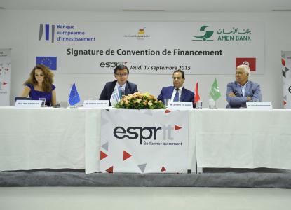 from left to right: Ms Neila Ben Zina, Vice-president of entreprendre Tunisie network, Mr Román Escolano, Vice-president of the EIB, Mr Ahmed El Karm, President of AMEN Bank, and Mr Tahar Bellakhdhar, CEO and founder of ESPRIT school