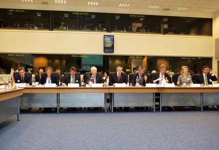 From left to right: Dario Scannapieco, EIB Vice-President, Eva Srebjer, EIB Vice-President, Philippe de Fontaine Vive, EIB Vice-President, Philippe Maystadt, EIB President, Einars Repše, Minister of Finance and EIB Governor for the Republic of Latvia, Alfonso Querejeta, EIB Secretary General and General Counsel of Legal Affairs, Matthias Kollatz-Ahnen, EIB Vice-President and Marta Gajęcka, EIB Vice-President