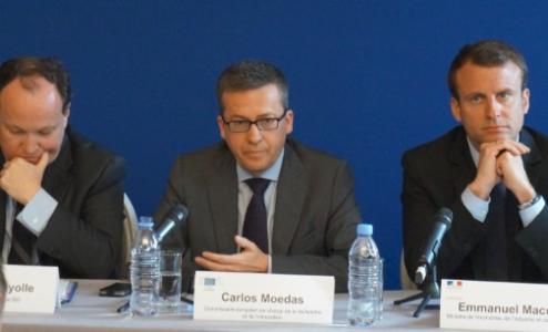 Ambroise Fayolle, Vice-Président de la BEI, Carlos Moedas, Commissaire européen chargé de la recherche, des sciences et de l'innovation et Emmanuel Macron, Ministre de l'Économie et des Finances