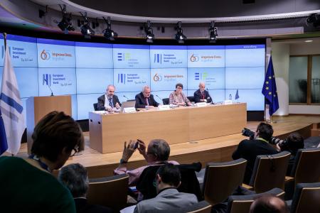 General view of the conference venue, at the EUROPA building of the Council of the European Union. On the panel, from left to right: Matteo Maggiore, EIB Director of Communication, Werner Hoyer, President of the EIB, Marjut Santoni, Deputy Secretary General of the EIB, and Pier Luigi Gilbert, Chief Executive of the European Investment Fund (EIF)