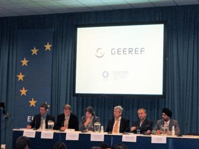 From the left: C. Clarke, Executive Director & Principal, Inspired Evolution Investment Management; S. Brooks, EIB's Vice-President for the Environment; F. Mosca, Director European Commission, DG EuropeAid; F. Schafhausen, Head, Federal Ministry for the Environment, Nature Conservation and Nuclear Safety; C. Arnould, GEEREF, EIB; TC Kundi, Managing Partner, Berkeley Energy