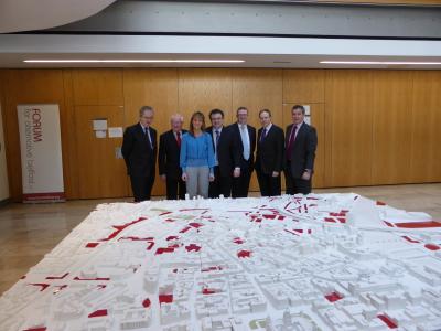 Vice President Jonathan Taylor, Vice Chancellor of the University of Ulster, Professor Richard Barnett, Finance Minister Simon Hamilton MLA, Employment and Learning Minister Dr Stephen Farry MLA and Martina Anderson MEP examining the urban regeneration benefits of the new Belfast Campus.