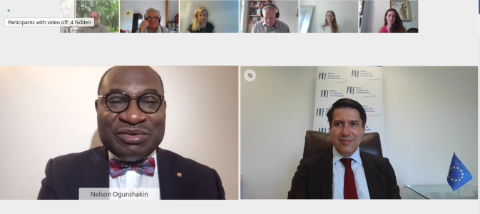 At a virtual signing ceremony, Dr Nelson Ogunshakin (FIDIC) and Ricardo Félix Mourinho (EIB) confirm the strategic collaboration agreement between their respective organisations.