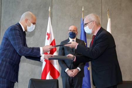 Flag of European Union EIB President Werner Hoyer opens the new of the Delegation of the European Union to Georgia office - which will also host EIB Regional Office - alongside President of the European Council Charles Michel in Tbilisi. 