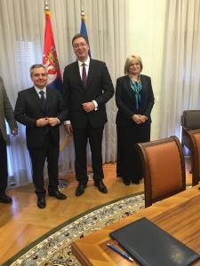 from left to right: Vice-President Scannapieco, Prime Minister Aleksander Vučić and Ms Jorgovanka Tabaković, Governor of National Bank of Serbia