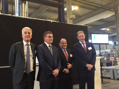from left to right: Mr Didier Kayat, Director General of DAHER, Mr Christophe Sirugue, Secretary of State for Industry, Mr Ambroise Fayolle, Vice-President of the EIB, and Mr Patrick Daher, President of DAHER