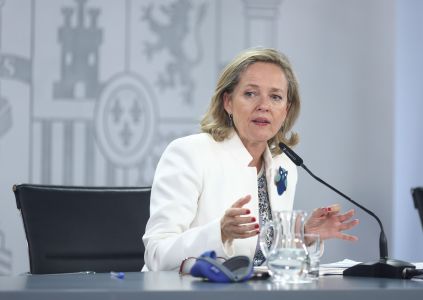 The First Vice-President and Minister of Economic Affairs and Digital Transformation, Nadia Calviño, speaks during a press conference after the Council of Ministers, at La Moncloa Palace, on October 4, 2022, in Madrid, Spain.