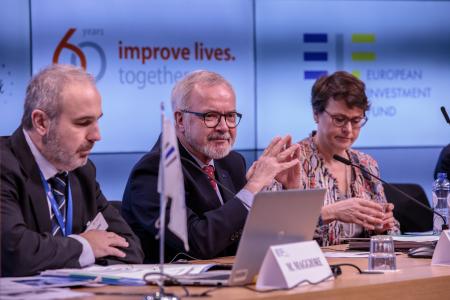 From left to right: Matteo Maggiore, EIB Director of Communication, Werner Hoyer, President of the EIB, and Marjut Santoni, Deputy Secretary General of the EIB