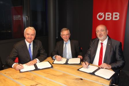 Josef Halbmayr, Mitglied des ÖBB-Vorstands der ÖBB-Holding AG, Wilhelm Molterer, Vizepräsident der EIB, Andreas Matthä, Vorstandssprecher der ÖBB Infrastruktur AG