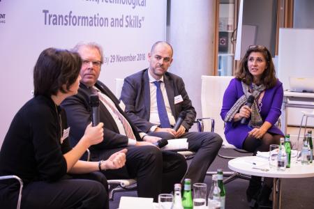 The EIB host a series of days of ECON Conference in Investment, Technological Transformation and skills. Policy address by Klaus Regling, Managing Director, European Stability Mechanism. First panel with Shirin Wheeler, EIB's Senior Media Officer and Principal Advisor International Media; Filip Geerts, Director General, European Association of Machine Tool Industries; Christel Heydemann, Member of the Executive Committee and President, Schneider Electric France; and Jatsu Intxaurbe, Director of Innovation and Promotion, Batz Group