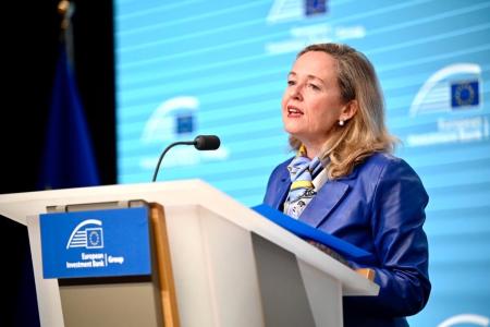 Nadia Calviño, president of the European Investment Bank (EIB), presents the EIB Group's 2024 annual results at a press conference in Brussels on 30 January, 2024.