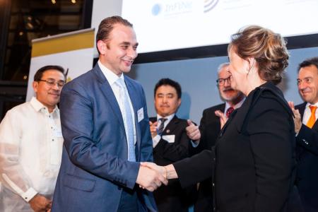 Finalist First Microfinance Institution(FMFI-S) from Syria receives the award from Her Royal Highness the Grand Duchess of Luxembourg