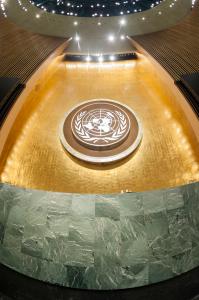 A view of the UN emblem and the Chair’s podium in the General Assembly Hall ahead of the opening of the Assembly’s annual general debate.
