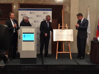 Mr Laszlo Baranyay, Vice President of the EIB Werner Hoyer, President of the EIB and Peter Kažimír, Deputy Prime Minister and Finance Minister