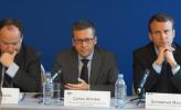 Ambroise Fayolle, Vice-Président de la BEI, Carlos Moedas, Commissaire européen chargé de la recherche, des sciences et de l'innovation et Emmanuel Macron, Ministre de l'Économie et des Finances