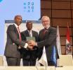 President of Guinea A. Conde, G. Curtis, Ministre en Charge des Investissements et des Partenariats Publics Privés and EIB President W. Hoyer welcome EUR 130 million new EIB financing for Guinea-Mali interconnector